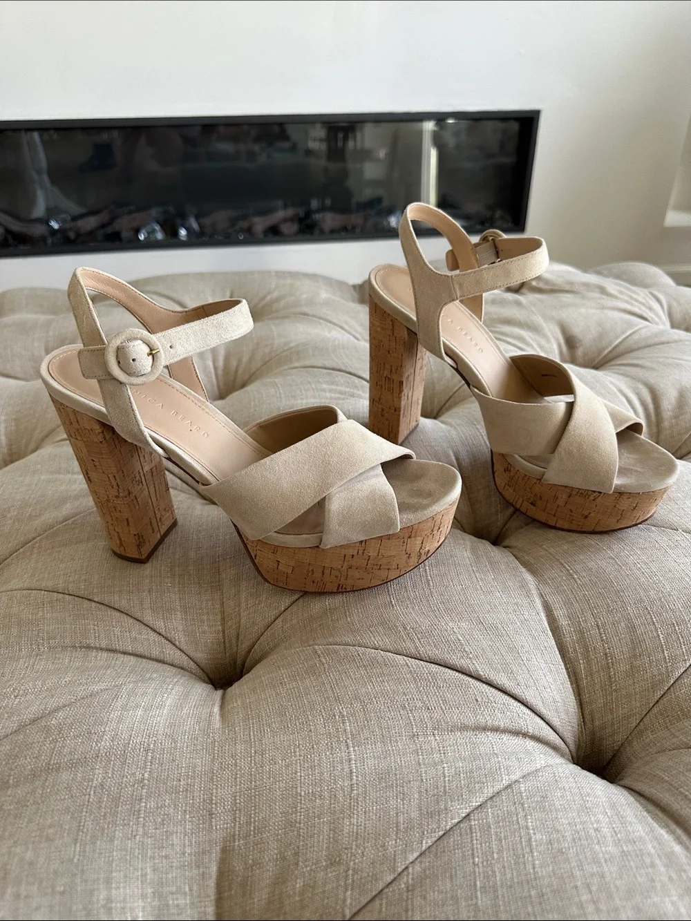 Veronica Beard Cream Suede Cork Platform Sandals